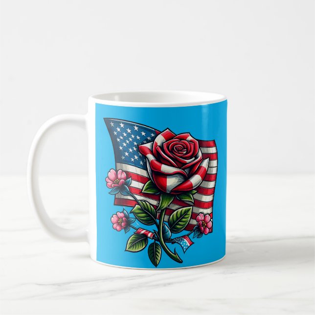 Taza De Café Arte patriótico de rosa de bandera estadounidense (Izquierda)