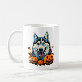 Taza De Café Arte pop molinando perro Husky con calabazas Hallo