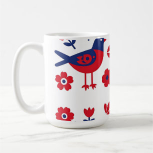 Taza De Café Arte popular patrón floral pájaro rojo azul
