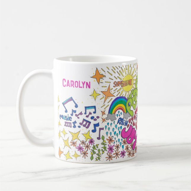 Taza De Café Arte retro de los años 60. Paz, amor, alegría. Tu  (Izquierda)