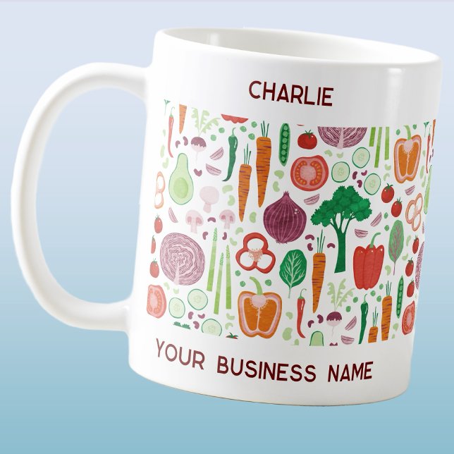 Taza De Café Arte vegetal Pequeña Empresa Promocional (Small business custom text mug featuring vegetables for gardener, chef, restaurant, grocer and more)