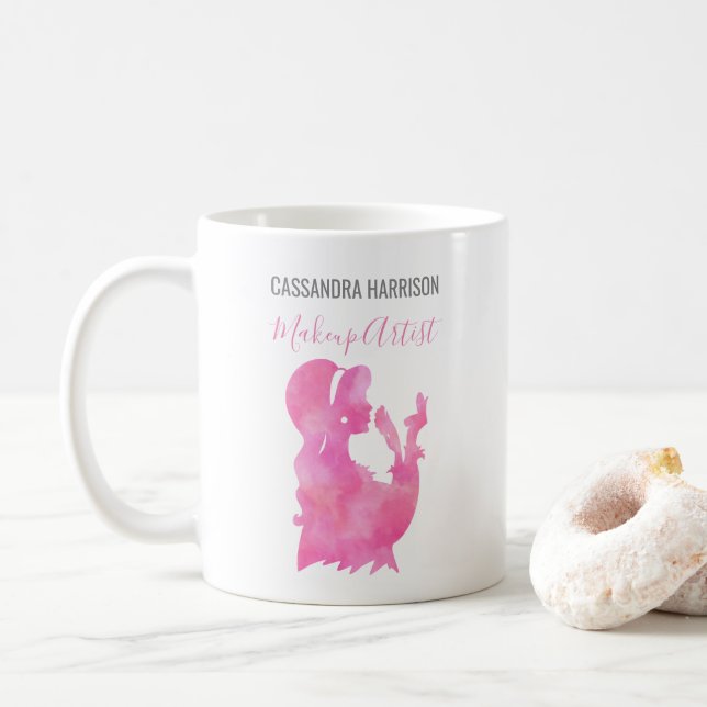 Taza De Café Artista de maquillaje Mujer Silhouette Watercolor  (Con donut)