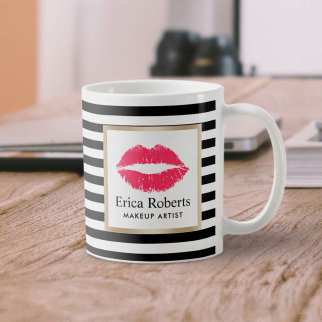 Taza De Café Artista de maquillaje Rojo Lips Moderno Stripes Sa (Subido por el creador)