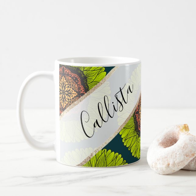 Taza De Café Artsy Summer Neon Yellow Lace Sunflower (Con donut)