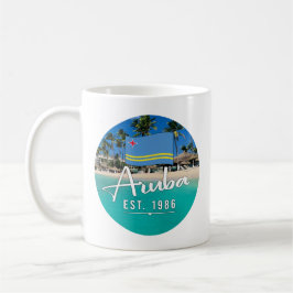 Taza De Café "Aruba Este. Playa Con Bandera De 1986"