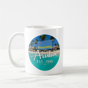 Taza De Café "Aruba Este. Playa Con Bandera De 1986"