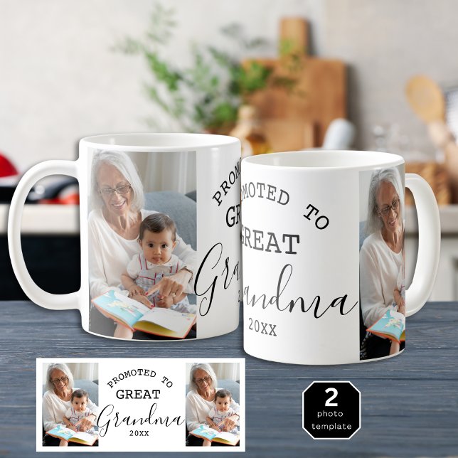 Taza De Café Ascendido al Collage de fotos de la Gran Abuela 2 (Promoted to Great Grandma 2 Photo Collage Coffee Mug)