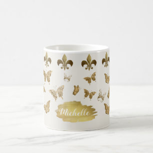 Taza De Café Aspecto de oro personalizado Fleur de Lis Butterfl
