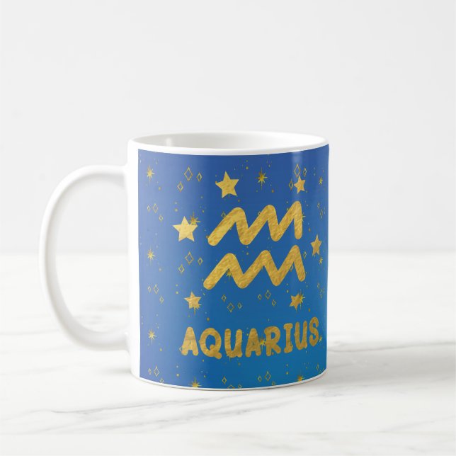 Taza De Café Astrología azul y dorada Aquarius Zodiac Mug (Izquierda)
