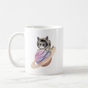 Taza De Café Astronauta del gato espacial con planeta Saturno