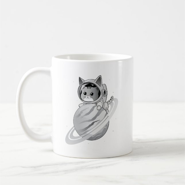 Taza De Café Astronauta del gato espacial con planeta Saturno (Izquierda)