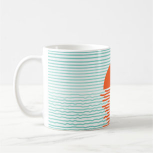 Taza De Café Atardecer en el océano - fondo a rayas. ilustracio