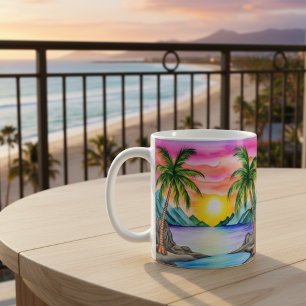 Taza De Café Atardecer en la playa tropical de la isla