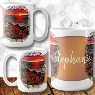 Taza De Café Atardecer rocoso Banderas 914