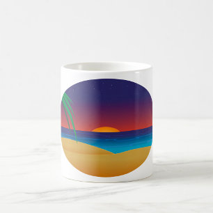 Taza De Café Atardecer Tropical Playa Hojas de Palma Olas del O