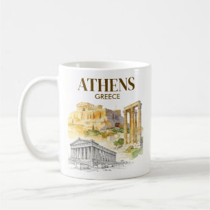 Taza De Café Atenas Grecia Acrópolis Boceto Acuarela Personaliz