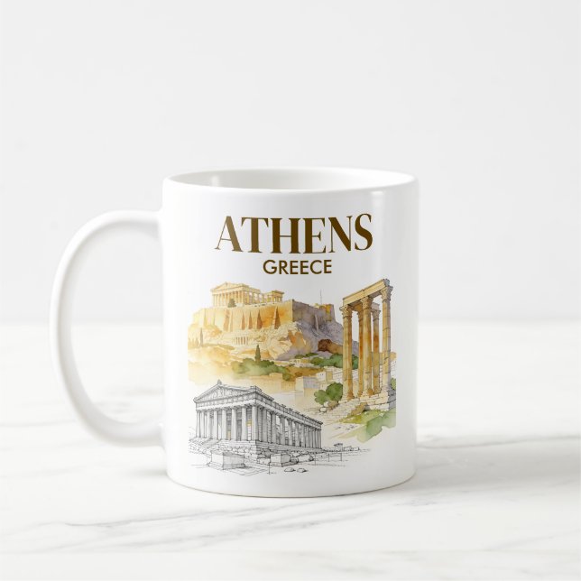 Taza De Café Atenas Grecia Acrópolis Boceto Acuarela Personaliz (Izquierda)