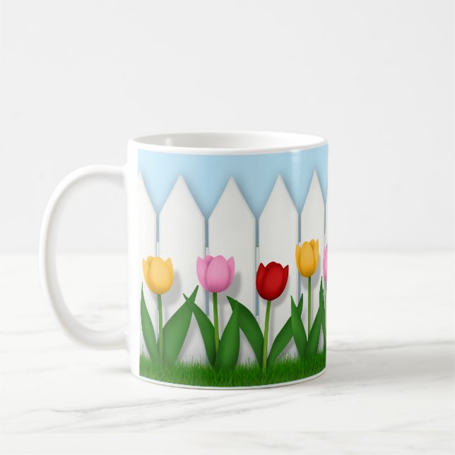 Taza De Café Atractivo cerco Blanco Con Tulipanes (Izquierda)