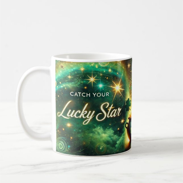 Taza De Café Atrapa tu estrella de la suerte verde dorado celes (Izquierda)