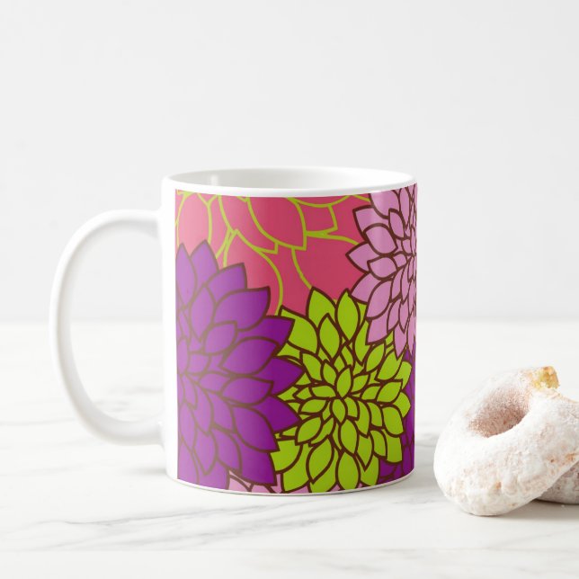 Taza De Café Audaz diseño floral en verde limón, rosa, morado (Con donut)