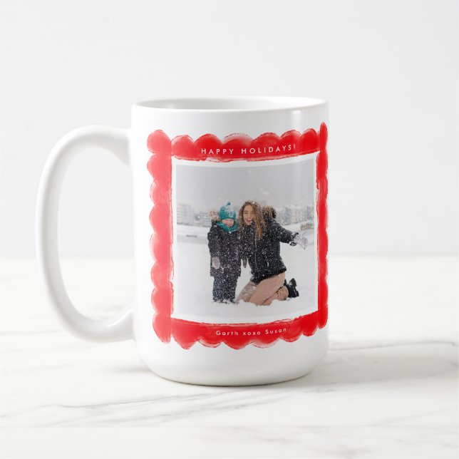 Taza De Café audaz marco retro rojo dos navidades de fotos (Izquierda)