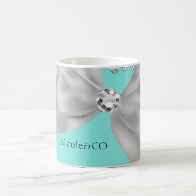 Taza De Café Audrey Chica Modern Blue Big White Bow Diamantes (Centro)