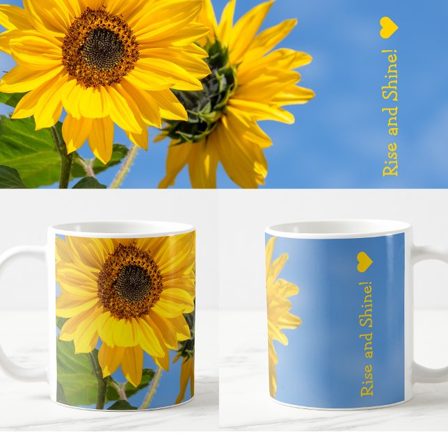 Taza De Café Auge lindo y girasoles brillantes cargan foto text (Rise and Shine, sunflowers. Birthday gift of encouragement for middle school kids, preteens or teens)