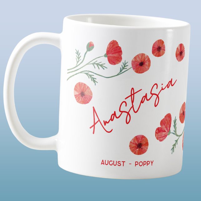 Taza De Café August Birth Flower Custom Name Poppy (August birthday month flower poppy watercolor art personalized custom name coffee mug gift)