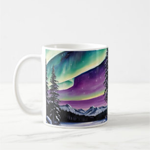Taza De Café Aurora boreal sobre bosque nevado, pinos, paisaje
