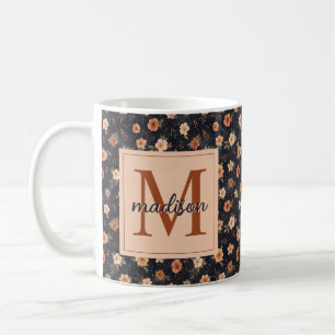 Taza De Café Autumk Dark Moody Terracotta Floral Monograma Nomb