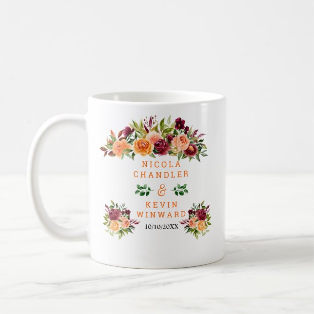 Taza De Café Autumn Burgundy and Orange Floral Wedding (Izquierda)
