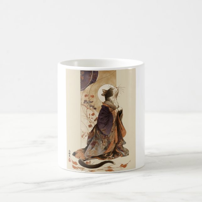 Taza De Café "Autumn Reverie" Japanese Cat in Kimono Art (Centro)