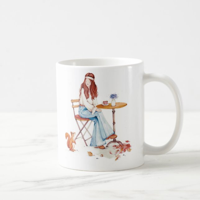 Taza De Café Autumn Whimsy – Girl, Coffee & Curious Squirrel Mu (Derecha)