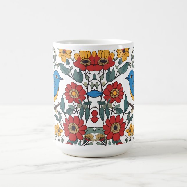 Taza De Café Ave azul y arte folclórico de flores silvestres (Centro)