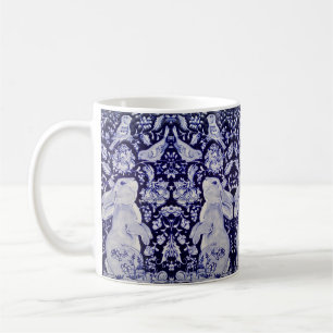 Taza De Café Ave floral de conejo azul y blanco