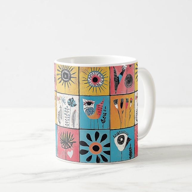Taza De Café Aves abstractas y flores (Anverso derecho)
