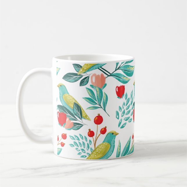 Taza De Café Aves acuarelas, Navidades de Cranberry y Greenery (Izquierda)