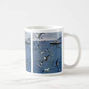 Taza De Café Aves Animales Antiguos, Gaviotas y Barcos de Pesca