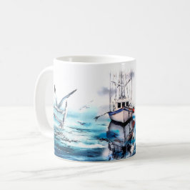 Taza De Café Aves De Barco De Mar