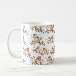 Taza De Café Aves de otoño flores y hojas acuarela