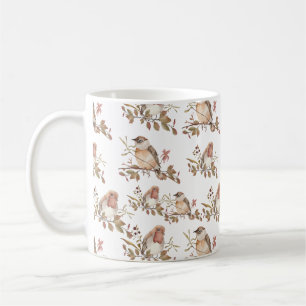 Taza De Café Aves de otoño flores y hojas acuarela