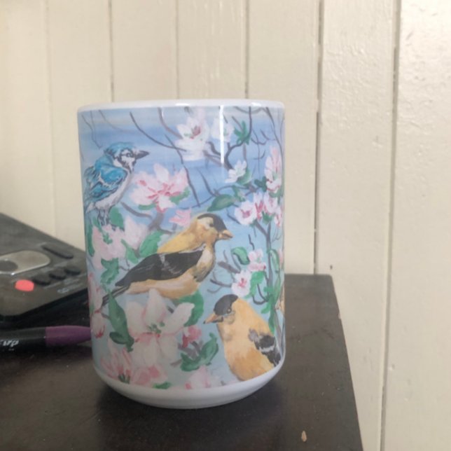Taza De Café Aves en el patio trasero azul jay amarillo finca (Bone China Turned out wonderfully)