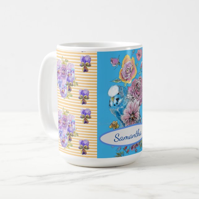 Taza De Café Aves florales del Budgie azul rosado pintadas a ma (Anverso izquierdo)