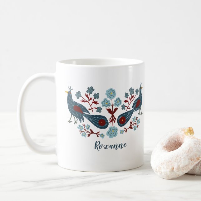 Taza De Café Aves Flores Boho Diseño PERSONALIZADO (Con donut)