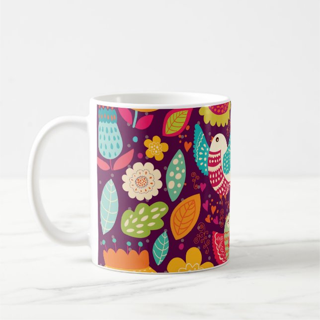 Taza De Café Aves hermosas, flores, poster artístico (Izquierda)