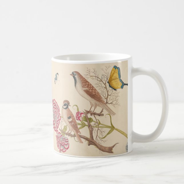Taza De Café Aves marrones con claveles y mariposas (Derecha)