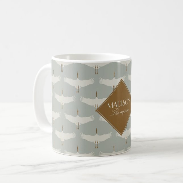 Taza De Café Aves Neutrales Azul Dusto Grullas Monograma Art De (Anverso izquierdo)