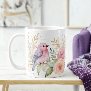 Taza De Café Aves Pastel Delicadas y Floral Purpurina