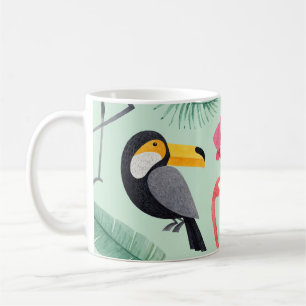 Taza De Café Aves tropicales, flores, acuarela.