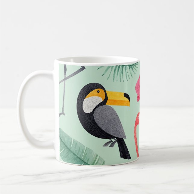 Taza De Café Aves tropicales, flores, acuarela. (Izquierda)